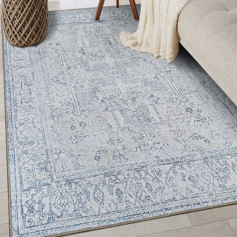 Tapis oriental antidérapant bleu / ivoire Griffey, Rectangle 5 pi x 7 pi