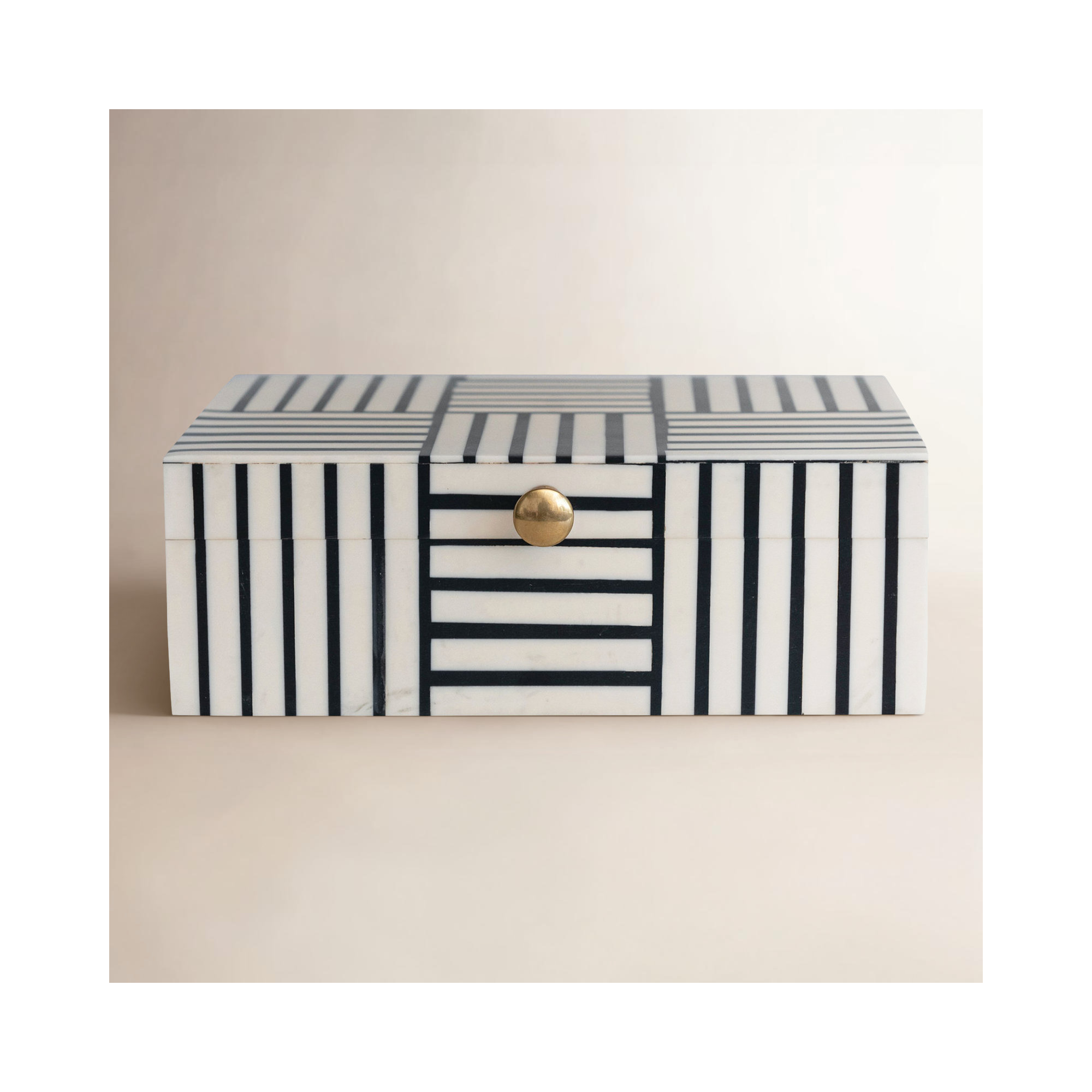 Jona Plastic Storage Box with Striped Block Pattern and Gold Knob, Black