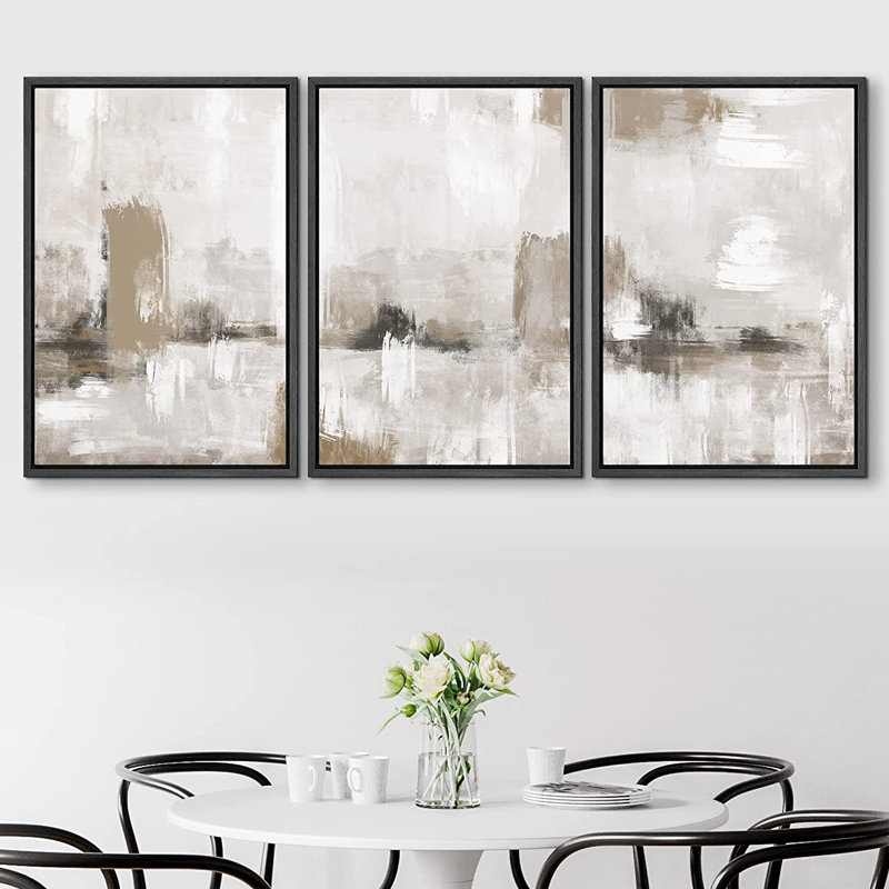 Muted Brown Grunge Abstract Modern Rustic Zen Neutral Home Decor - Framed Canvas Print Wall Art Work, 24" H x 48" W, Black