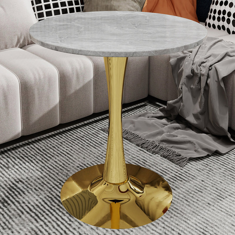 Table d'appoint ronde de style moderne minimaliste avec base piédestal effilée, Doré, Gris