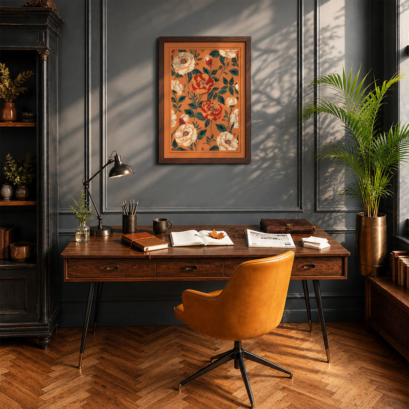 Roses On Burnt Orange Botanical - Print, Walnut, A1 - 84.1 x 59.4 cm