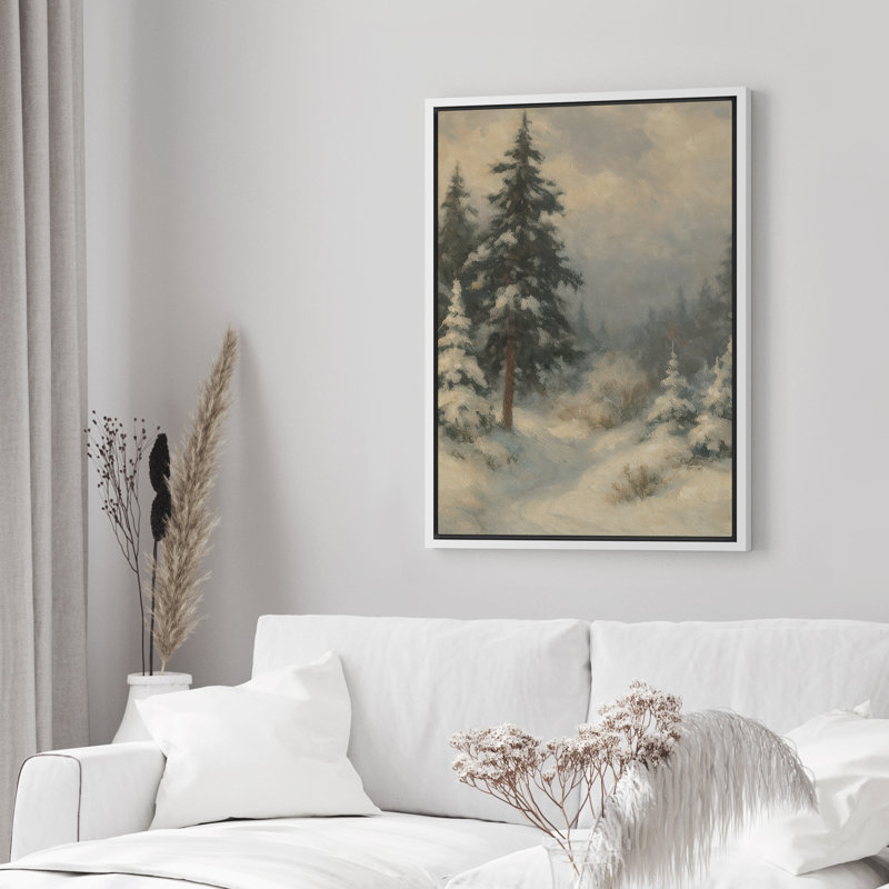 «Snowy Forest Path with Evergreen Trees Winter Landscape», reproduction d'art sur toile encadrée dans la chambre principale