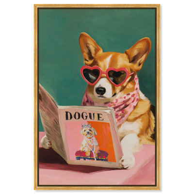 Corgi and Her, impression sur toile encadrée rose par Art Remedy, cadre doré, 16 x 24