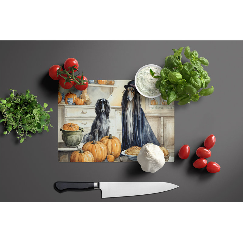 Afghan Hound Fall Kitchen Pumpkins Glass Cutting Board Large