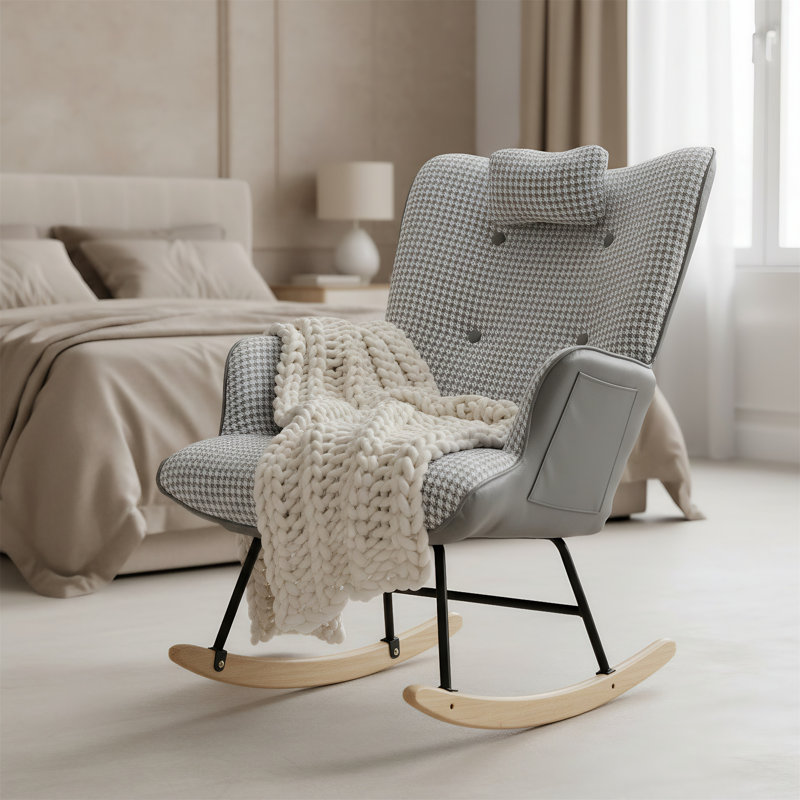 Chaise berçante en cuir de poule de 35,5 pouces avec un design confortable à oreilles et une base en bois massif sécuritaire