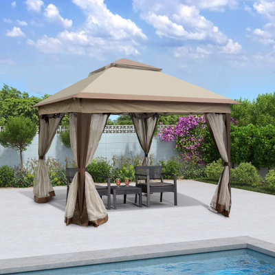 Abri de jardin escamotable 11 x 11 pi avec toit souple à 2 niveaux et filet à fermeture à glissière amovible pour patio, jardin, cour arrière