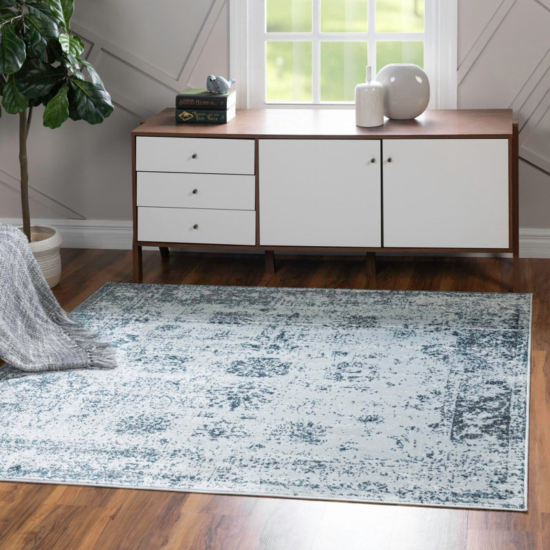 Tapis Brandt, Carré 5 pi 3 po, Non, Bleu clair / Bleu marine