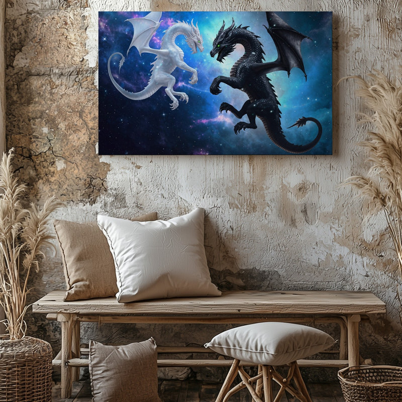 Toile, "Une scène dynamique" avec deux majestueux dragons en vol, H 30 po x l 30 po