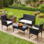 Ensemble de meubles de patio en osier PE 4 pièces avec table et coussins en verre, ensemble de patio en osier 4 pièces pour balcon / cour arrière / porche / bord de piscine-80806266