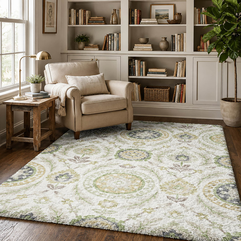 Washable Floral Indoor Rug, Ivory, 8' x 10'