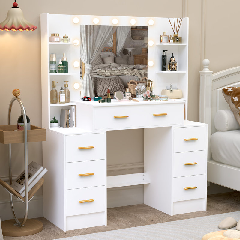 Table de coiffeuse avec miroir et lumières, bureau de coiffeuse avec 6 tablettes, 7 tiroirs avec poignée dorée, coiffeuse de maquillage pour la chambre à coucher