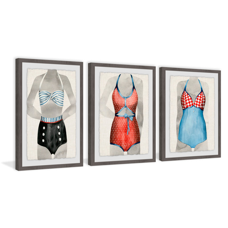 Ensemble de 3 maillots de bain rétro - ensemble de 3 reproductions de cadres photo, H 24 po x l 16 po
