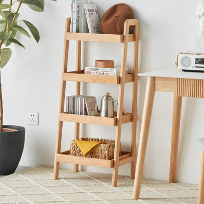 Solid Wood Ladder Storage Shelf, 4-Tier Open Display Rack, Natural Wood Finish, Freestanding Bookshelf for Living Room Bedroom Entryway