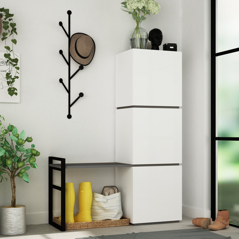 Corbin Hall Tree Bench with Shoe Storage, Coat Hooks, and Metal Hanger for Entryway, White/Anthracite