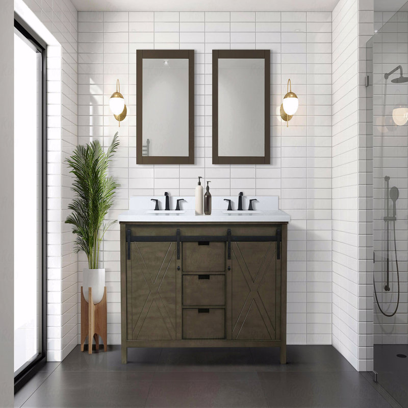 Meuble-lavabo double en marbre de culture 60 po x 22 po, Brun, Marbre de culture blanc
