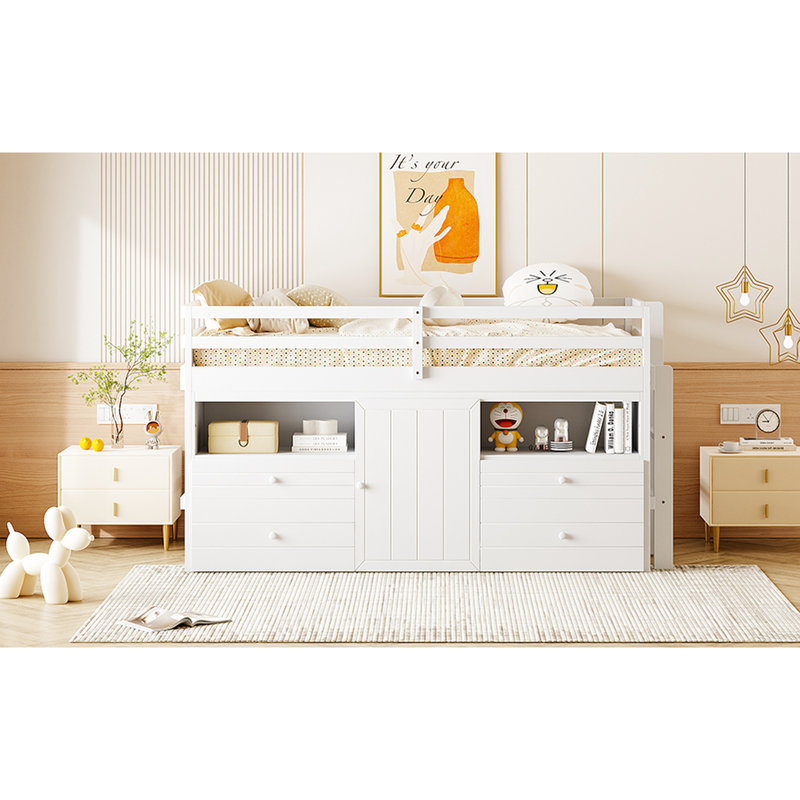 Lit mezzanine simple blanc avec 4 tiroirs, sous l'armoire et les tablettes - espace de sommeil relaxant et chambre à coucher moderne