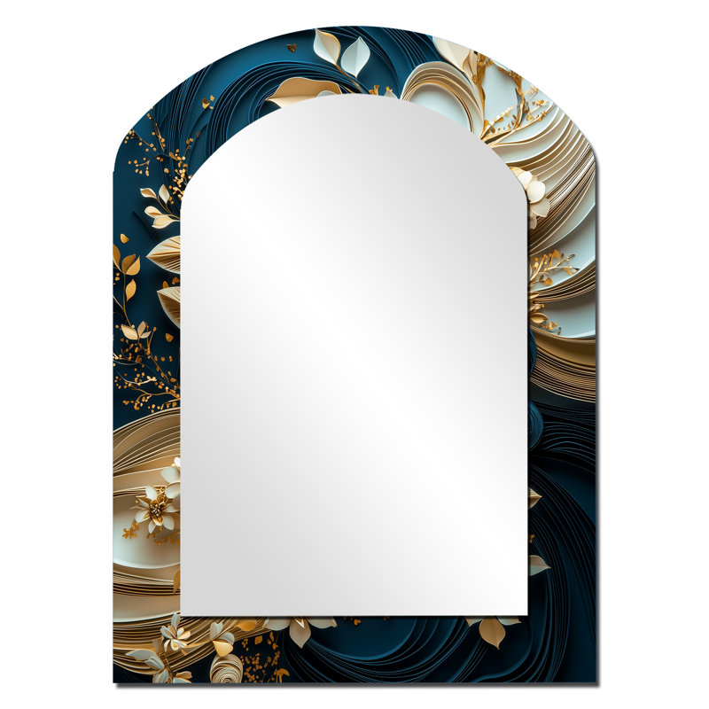 White Teal Liquid Ink Peonies - Peonies Asymmetrical Mirror, White Arch Decorative Wall Mirror, Printed Metal Art, 34" x 25"