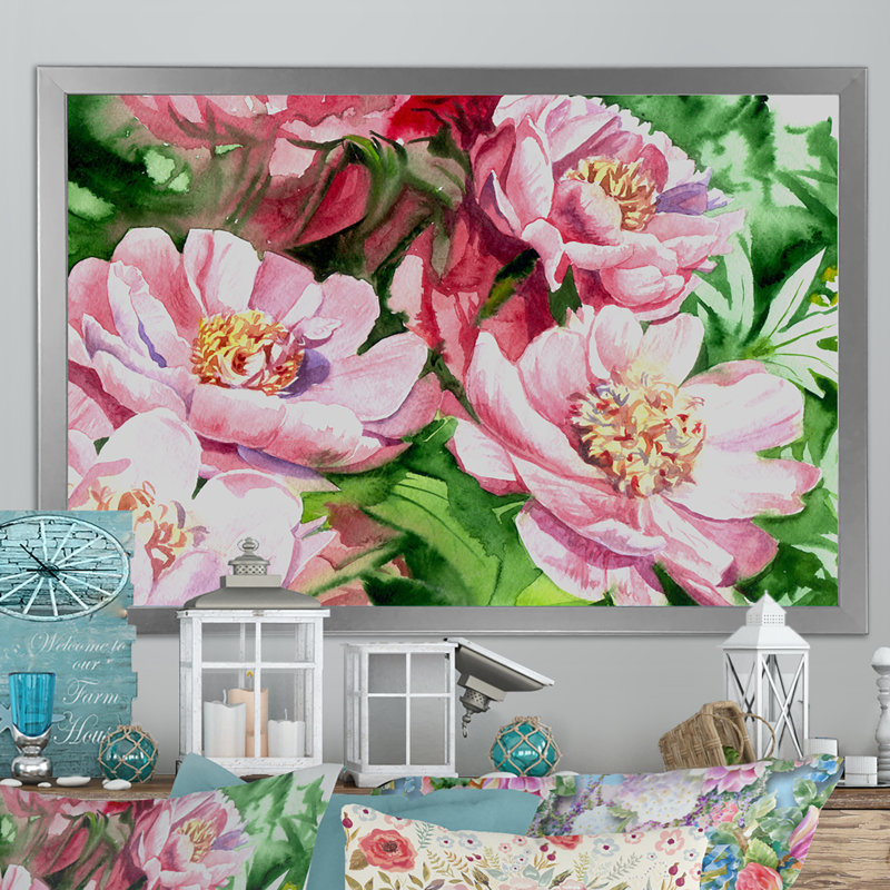 Aquarelle, pivoines roses, reproduction sur toile flottante, Cadre photo argenté, H 12 po x l 20 po x P 1 po