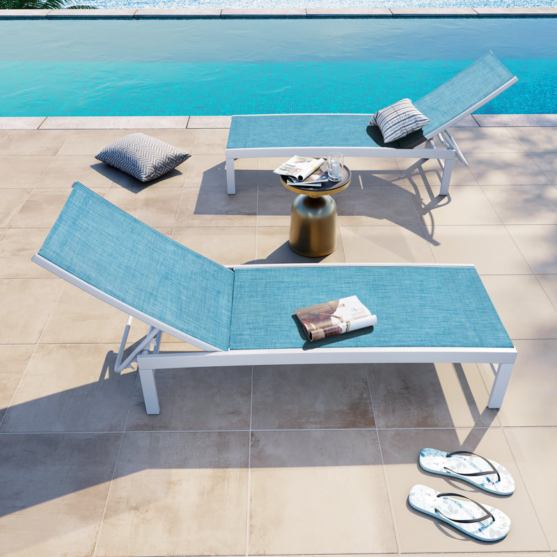Antrea 75.79" Aluminium Long Reclining Chaise Lounge Set, White/Blue