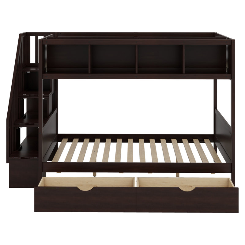 Lit superposé avec tablettes, escalier de rangement et 2 tiroirs, Espresso