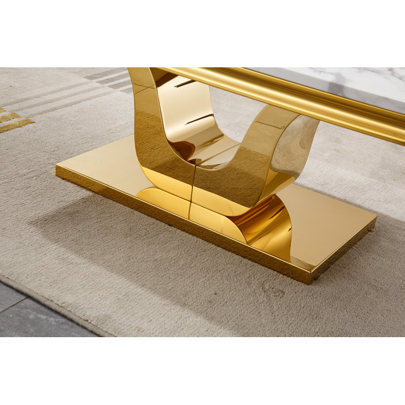 46.85" Coffee Table with White Marble Top, Modern Rectangular Faux Marble Coffee Table with Single U-shaped Stainless Steel Pedestal, Luxury Cocktail Center Table for Living Room Office