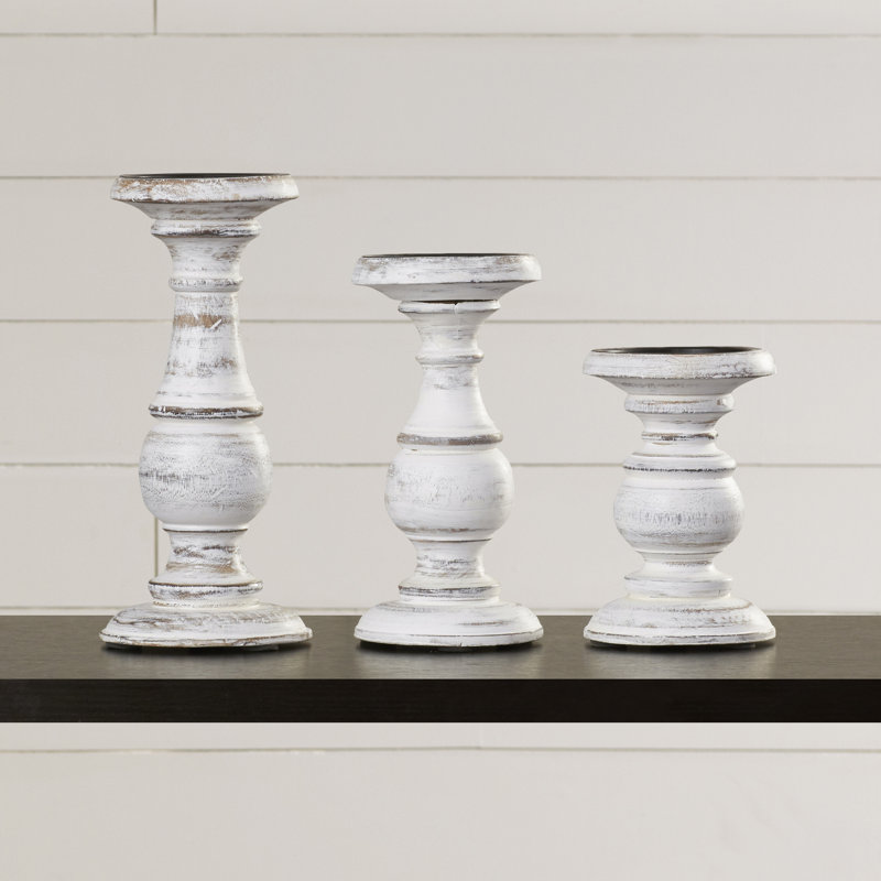 Ensemble de porte-bougies décoratifs de style pilier en bois de manguier tourné, Blanc / rosé