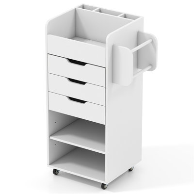 Chariot de rangement utilitaire avec 3 tiroirs, 4 tablettes ouvertes, barres de suspension et roulettes verrouillables, idéal pour la maison, le bureau ou l'atelier, blanc.