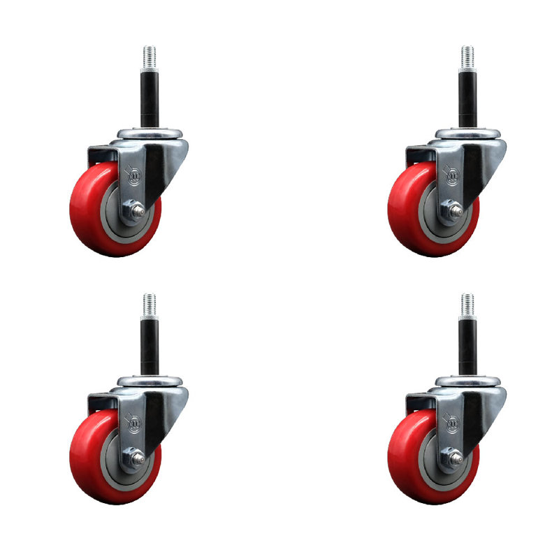 3 Inch SS Red Poly Wheel Swivel 3/4 Inch Expanding Stem Caster Set SCC, Red