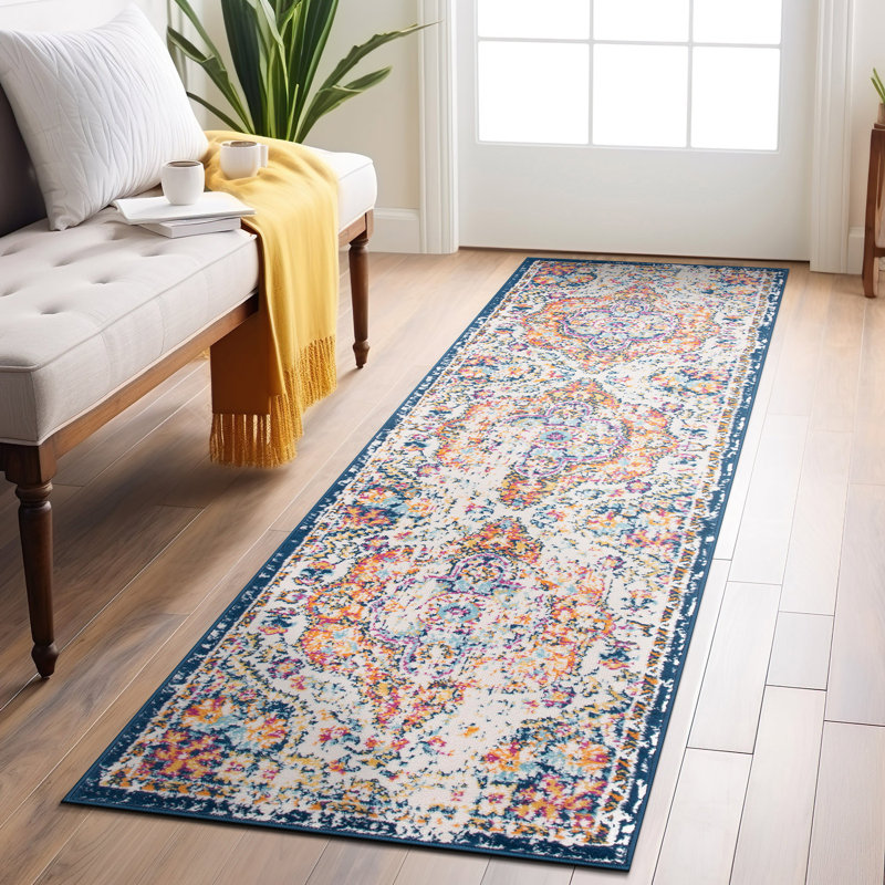 Tapis oriental orange / bleu / crème Beverly, Tapis de couloir 2 pi 7 po x 8 pi