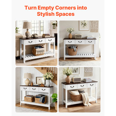 47 in Console Table, Farmhouse Desk Behind the Couch with Drawers and Bottom Storage Shelf, Wooden Rectangle Entrance Narrow Sofa Table for Hallway, Bedroom, Living Room, Foyer, Brown + White