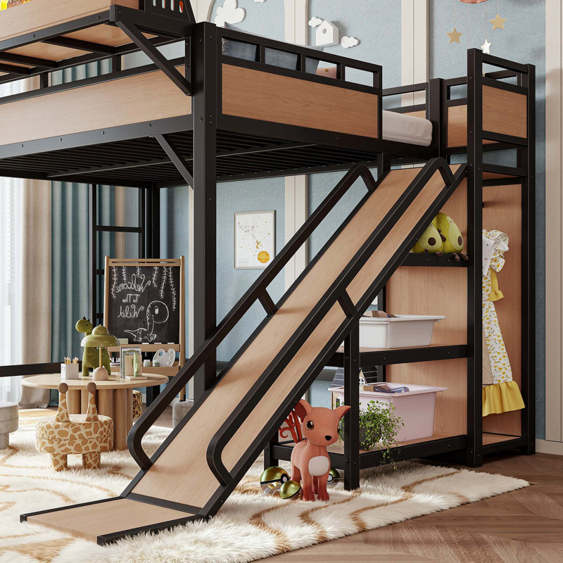Lit mezzanine double avec glissade, rangement et fonctionnalités technologiques, Naturel