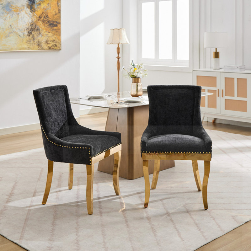 Chaises de salle à manger en chenille, style moderne avec pieds incurvés et garniture de rivets, confort rembourré pour la salle à manger / salon, sièges d'appoint avec tissu texturé et structure monobloc