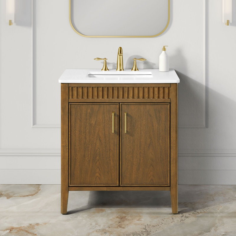 Juliette Single Sink Freestanding Warm Walnut Bathroom Vanity with White Quartz Top, Hardware, Brushed Gold, 60"