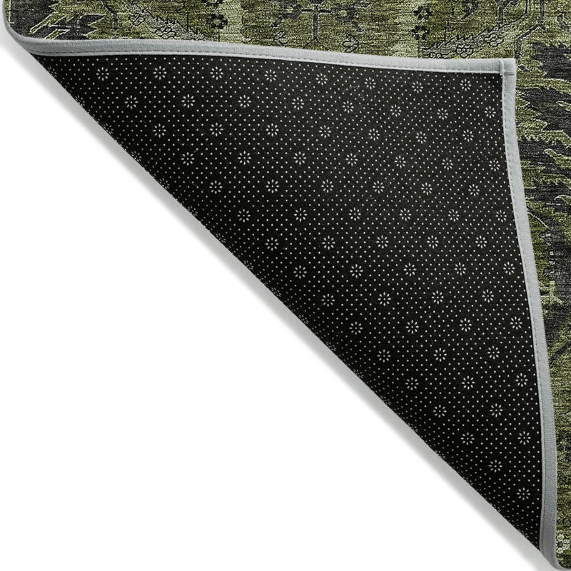 3' X 5' Olive Green And Charcoal Damask Washable Indoor Outdoor Area Rug
