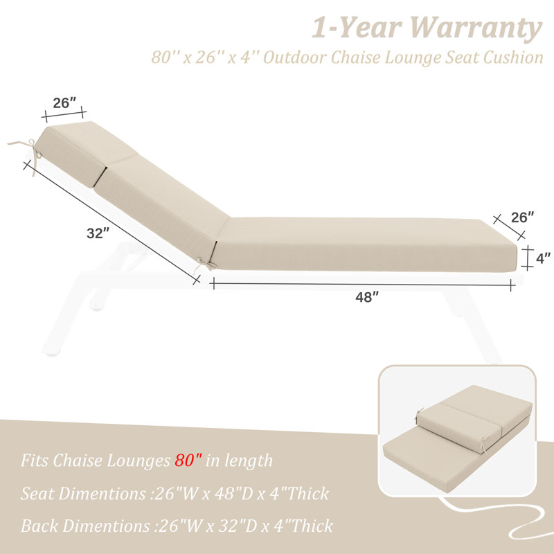 2-Piece Outdoor Chaise Lounge Chair Cushion, 80"X26"X4", Cream