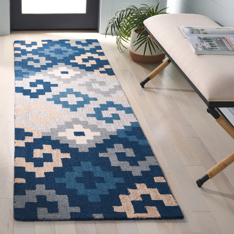 Tapis en laine / coton touffeté à la main Laryiah en ivoire / bleu, Tapis de couloir 2 pi 3 po x 8 pi
