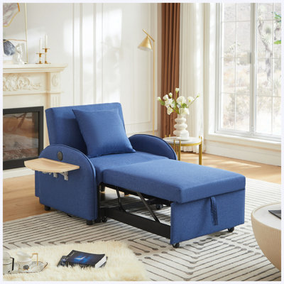 Canapé-lit, canapé-lit convertible 3 en 1 avec dossier réglable, table pliable et USB, type C, fauteuil inclinable réglable, fauteuil pour salon, chambre à coucher, petit espace, bleu foncé