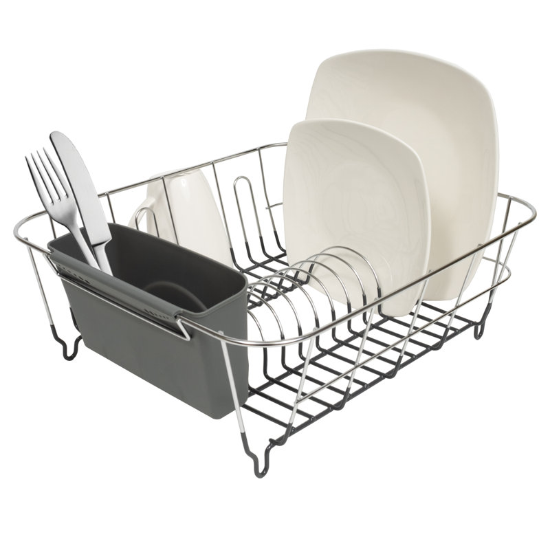 Chrome Plated Steel 2-Piece Compact Dish Drainer with Utensil Caddy, Gray