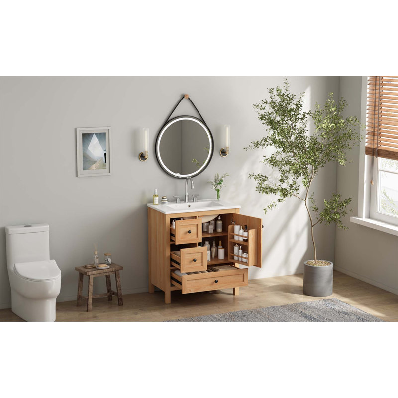 Meuble-lavabo 30 po à grain de bois avec lavabo en céramique, pieds en bois massif, tablette réglable, porte et tiroirs à fermeture en douceur, support de rangement, conception à dossier ouvert