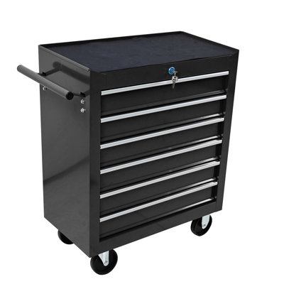 Boîte à outils 6 tiroirs pour atelier avec serrure et tiroirs fonctionnels - revêtement de garage noir thermolaqué