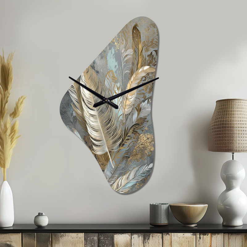 Gold Feather Extravaganza V - Boomerang Shape Large Glam Feather 3D Wall Clock, Medium