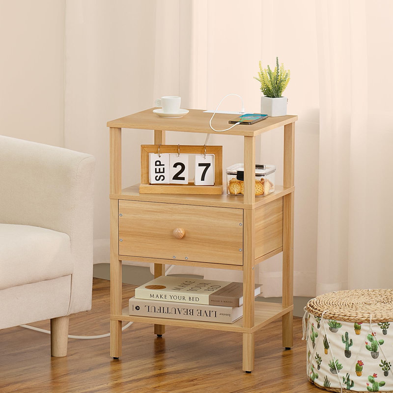 Chautauqua End Table with Storage and Built-In Outlets, Natural