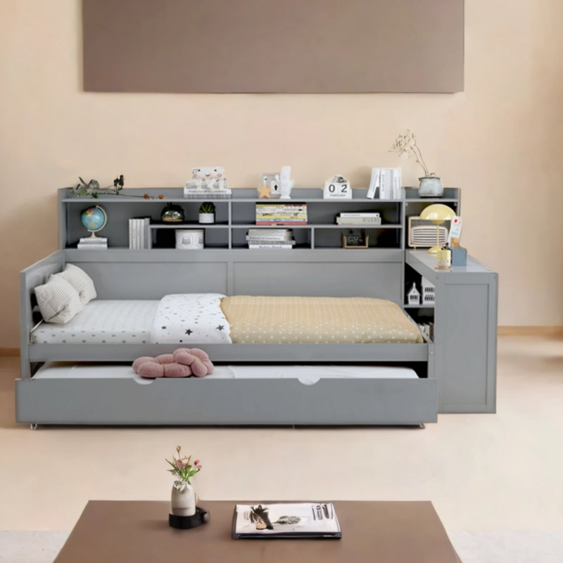 Lit simple en bois polyvalent avec tablettes de rangement, lit double et table d'étude, Double