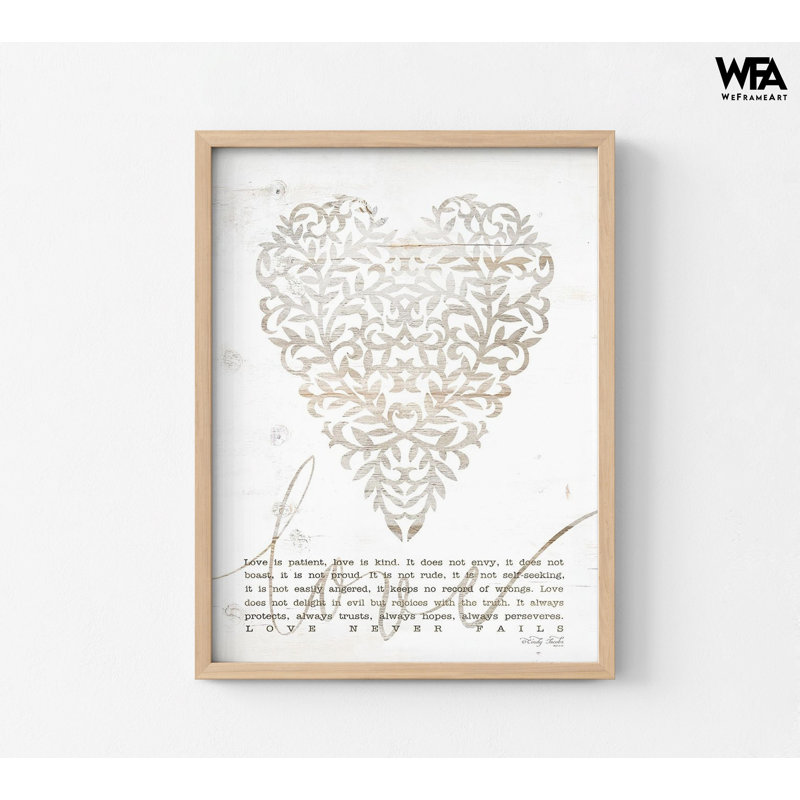 «Love Never Fails With Heart» par Cindy Jacobs, 1 Corinthiens 13: 4-8, reproduction d'affiche, verset biblique encadré, premier cadeau d'anniversaire