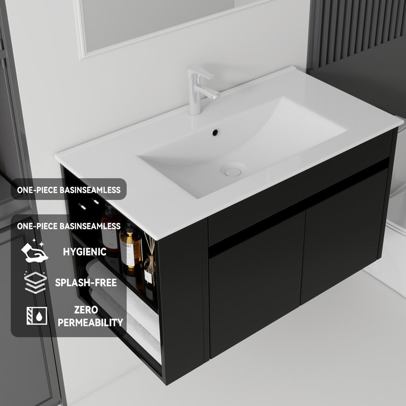 Meuble-lavabo flottant avec lavabo, Noir, L 36 po