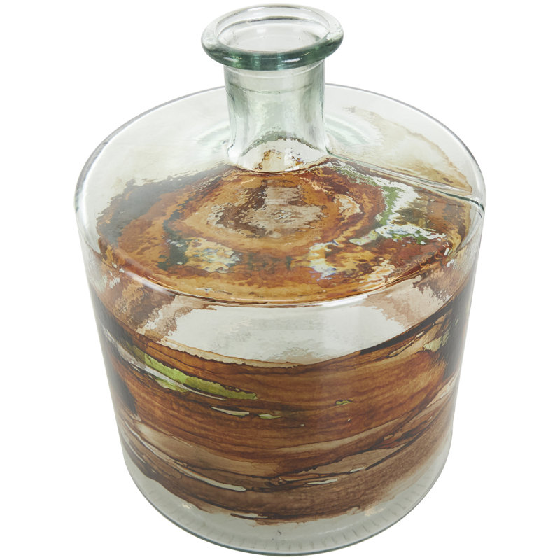 Donsha Recycled Glass Abstract Decorative Clear Vase with Swirled Colored Glass Bands, 10.4" H x 8.05" W x 8.05" D, Clear