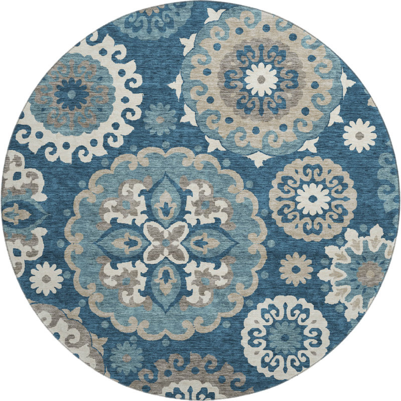 Premium Machine Washable Prisco Blue Rug, Round 8'