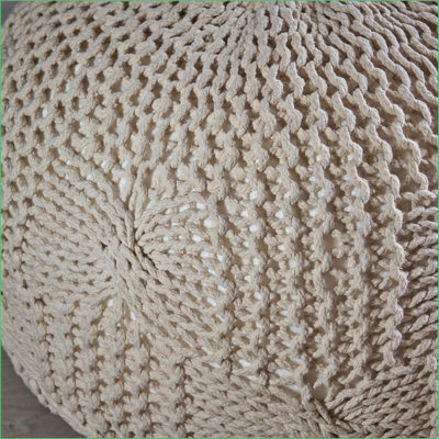 Round Knitted Cotton Ottoman Pouf for Living Room | Beige | Cotton