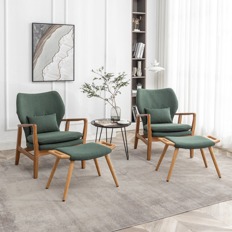 Koutsky Upholstered Accent Chair with Ottoman, Green Linen Blend