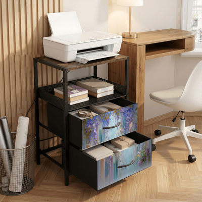 Table de chevet 2 tiroirs avec station de charge, table de chevet pour chambre à coucher avec ports USB, tablette ouverte noire, table de chevet avec impression de chute de pétales sereins dans l'allée sereine